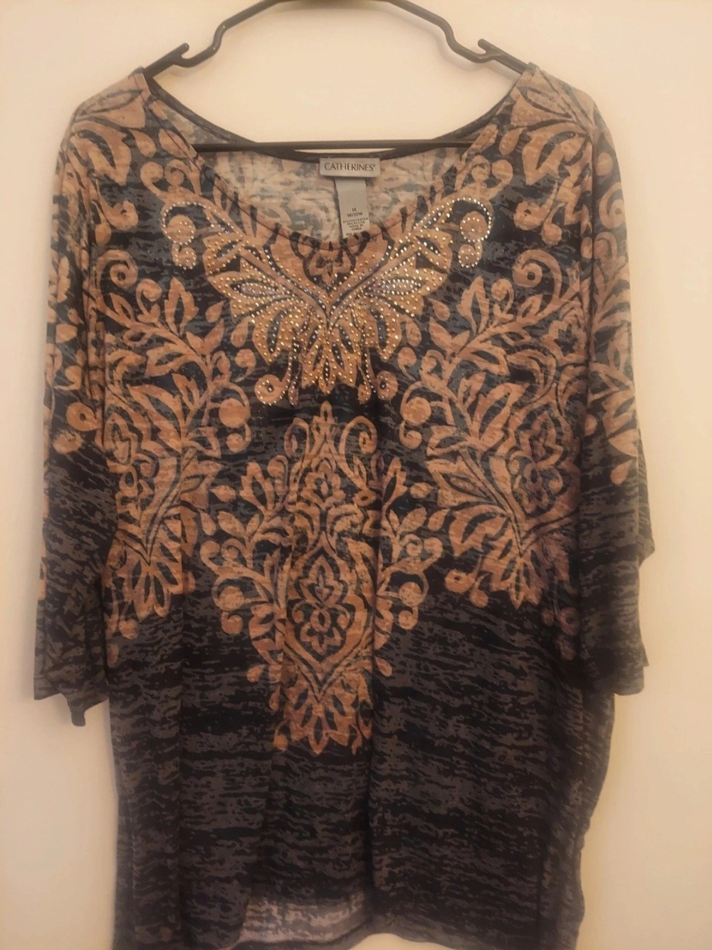 Catherines Black and Tan Foil Floral Top with Rhinestones